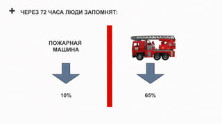 +   ЧЕРЕЗ 72 ЧАСА ЛЮДИ ЗАПОМНЯТ:




            ПОЖАРНАЯ
             МАШИНА




               10%                 65%
 