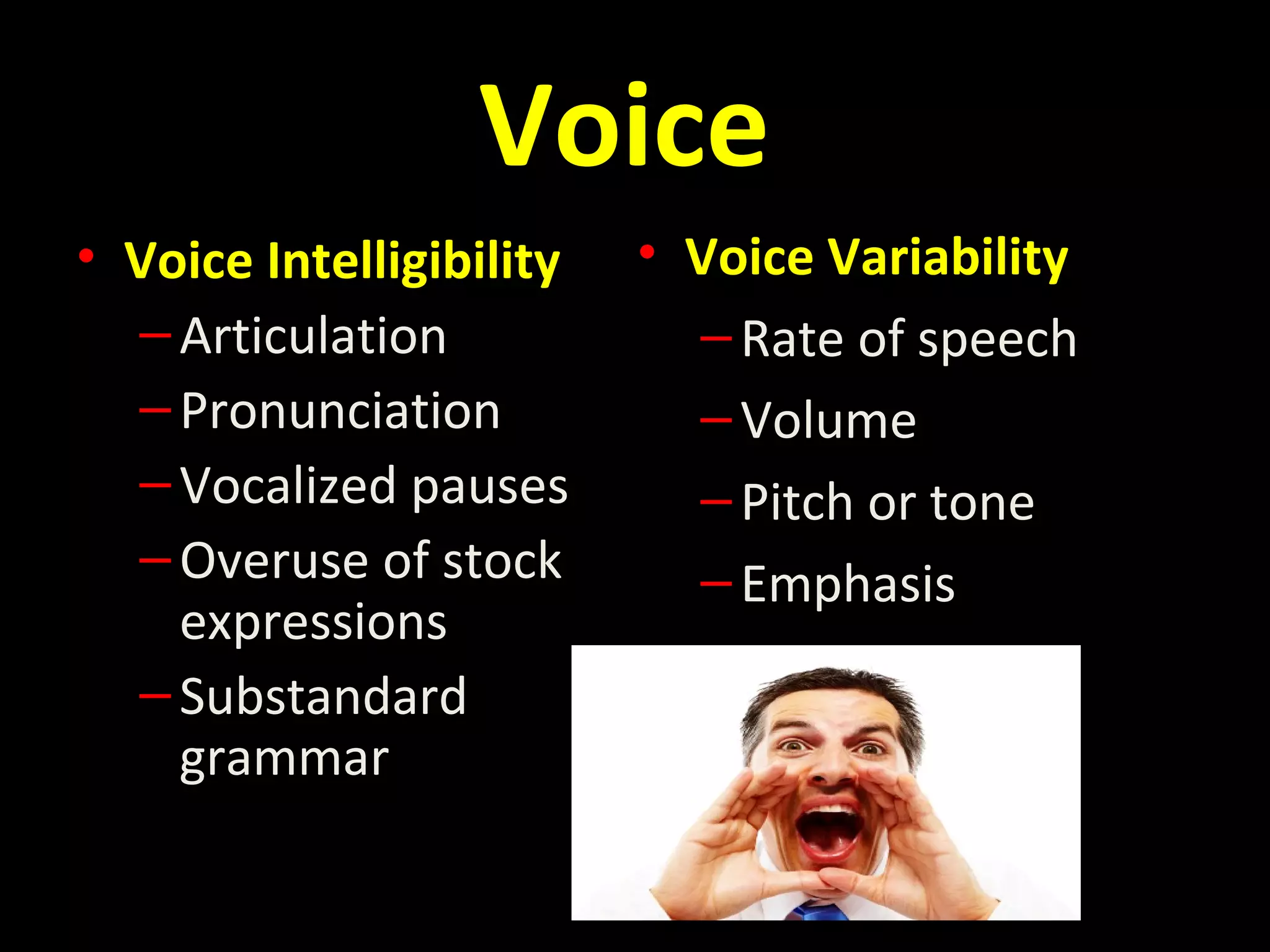 Voice
• Voice Intelligibility
–Articulation
–Pronunciation
–Vocalized pauses
–Overuse of stock
expressions
–Substandard
grammar
• Voice Variability
–Rate of speech
–Volume
–Pitch or tone
–Emphasis
 