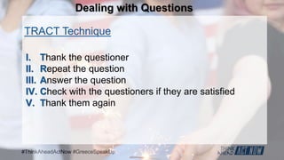 #ThinkAheadActNow #GreeceSpeakUp
Dealing with Questions
TRACT Technique
I. Thank the questioner
II. Repeat the question
III. Answer the question
IV. Check with the questioners if they are satisfied
V. Thank them again
 