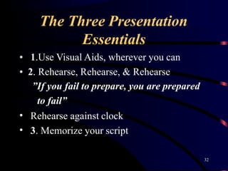 The Three Presentation
32
Essentials
• 1.Use Visual Aids, wherever you can
• 2. Rehearse, Rehearse, & Rehearse
”If you fail to prepare, you are prepared
to fail”
Rehearse against clock•
• 3. Memorize your script
 