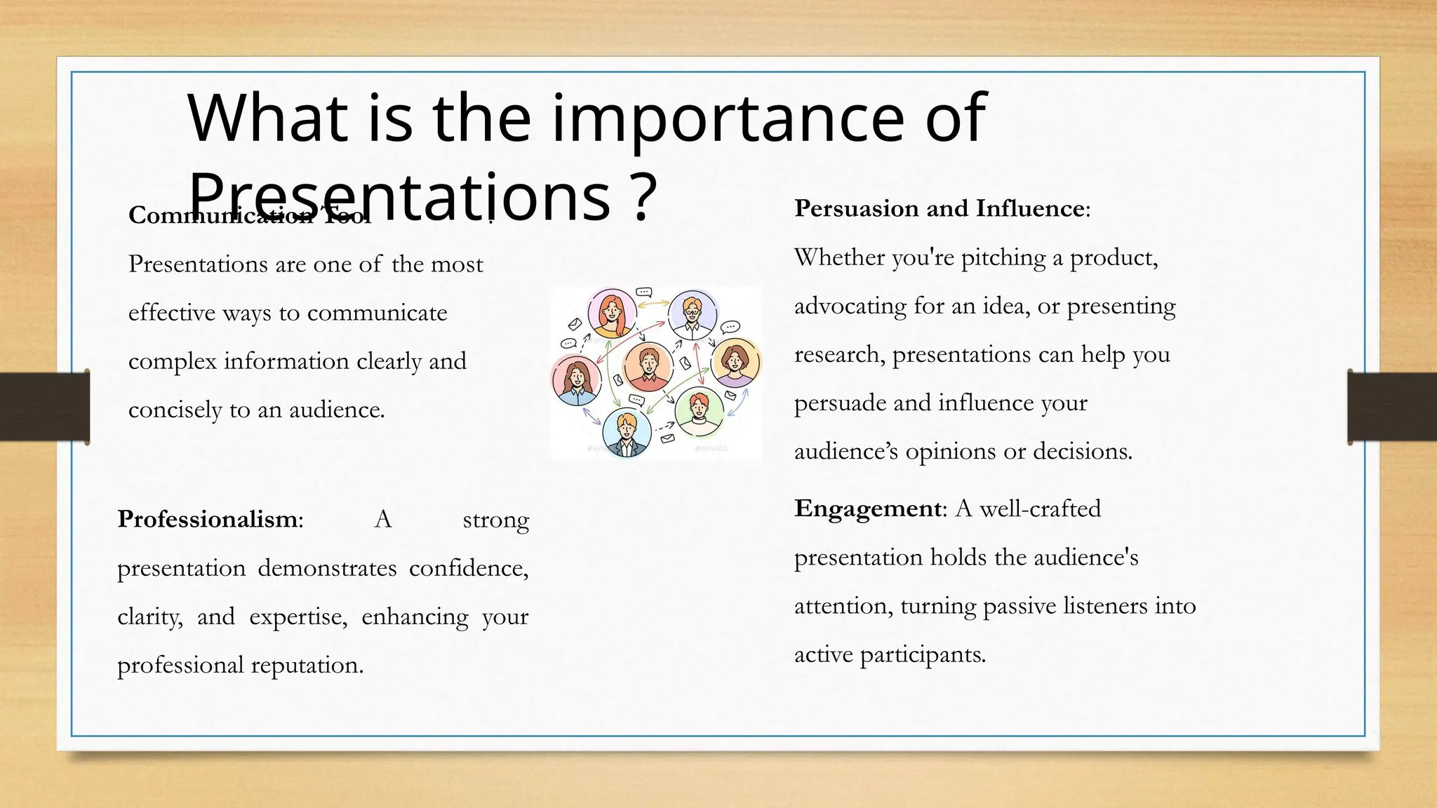 What is the importance of
Presentations ?
Communication Tool :
Presentations are one of the most
effective ways to communicate
complex information clearly and
concisely to an audience.
Persuasion and Influence:
Whether you're pitching a product,
advocating for an idea, or presenting
research, presentations can help you
persuade and influence your
audience’s opinions or decisions.
Engagement: A well-crafted
presentation holds the audience's
attention, turning passive listeners into
active participants.
Professionalism: A strong
presentation demonstrates confidence,
clarity, and expertise, enhancing your
professional reputation.
 