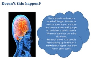Doesn’t this happen?
The human brain is such a
wonderful organ. It starts to
work as soon as you are born
and does not stop until you get
up to deliver a public speech.
When we stand up, our mind
sits down.
Research shows 41% people
fear standing up in front of a
crowd much higher than they
fear in other case!!
 