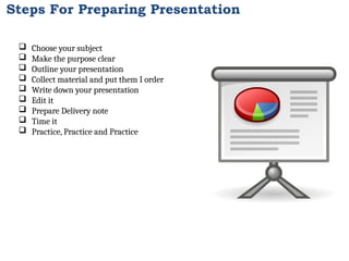 Steps For Preparing Presentation
 Choose your subject
 Make the purpose clear
 Outline your presentation
 Collect material and put them I order
 Write down your presentation
 Edit it
 Prepare Delivery note
 Time it
 Practice, Practice and Practice
 
