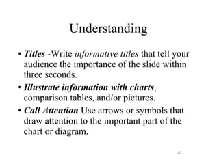 Understanding Titles  - Write  informative titles  that tell your audience the importance of the slide within three seconds. Illustrate information with charts , comparison tables, and/or pictures. Call Attention  Use arrows or symbols that draw attention to the important part of the chart or diagram. 