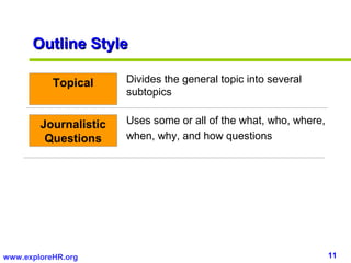 Outline Style

           Topical     Divides the general topic into several
                       subtopics


        Journalistic   Uses some or all of the what, who, where,
         Questions     when, why, and how questions




www.exploreHR.org                                                  11
 