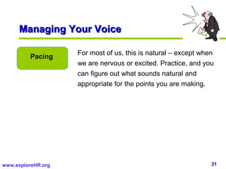 Managing Your Voice

                    For most of us, this is natural – except when
         Pacing
                   ...
