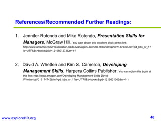References/Recommended Further Readings:

      1. Jennifer Rotondo and Mike Rotondo, Presentation Skills for
         Man...