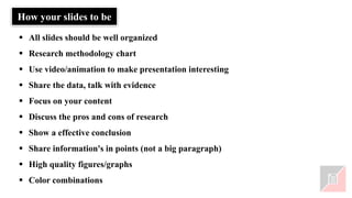 ▪ All slides should be well organized
▪ Research methodology chart
▪ Use video/animation to make presentation interesting
▪ Share the data, talk with evidence
▪ Focus on your content
▪ Discuss the pros and cons of research
▪ Show a effective conclusion
▪ Share information's in points (not a big paragraph)
▪ High quality figures/graphs
▪ Color combinations
How your slides to be
 