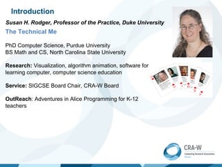 Introduction
Susan H. Rodger, Professor of the Practice, Duke University
The Technical Me
PhD Computer Science, Purdue University
BS Math and CS, North Carolina State University
Research: Visualization, algorithm animation, software for
learning computer, computer science education
Service: SIGCSE Board Chair, CRA-W Board
OutReach: Adventures in Alice Programming for K-12
teachers
 