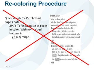 URCS
Re-coloring Procedure
Quick search for K-th hottest
page’s hotness
Bin[ i ][ j ] indicates # of pages
in color i with normalized
hotness in
[ j, j+1] range
 