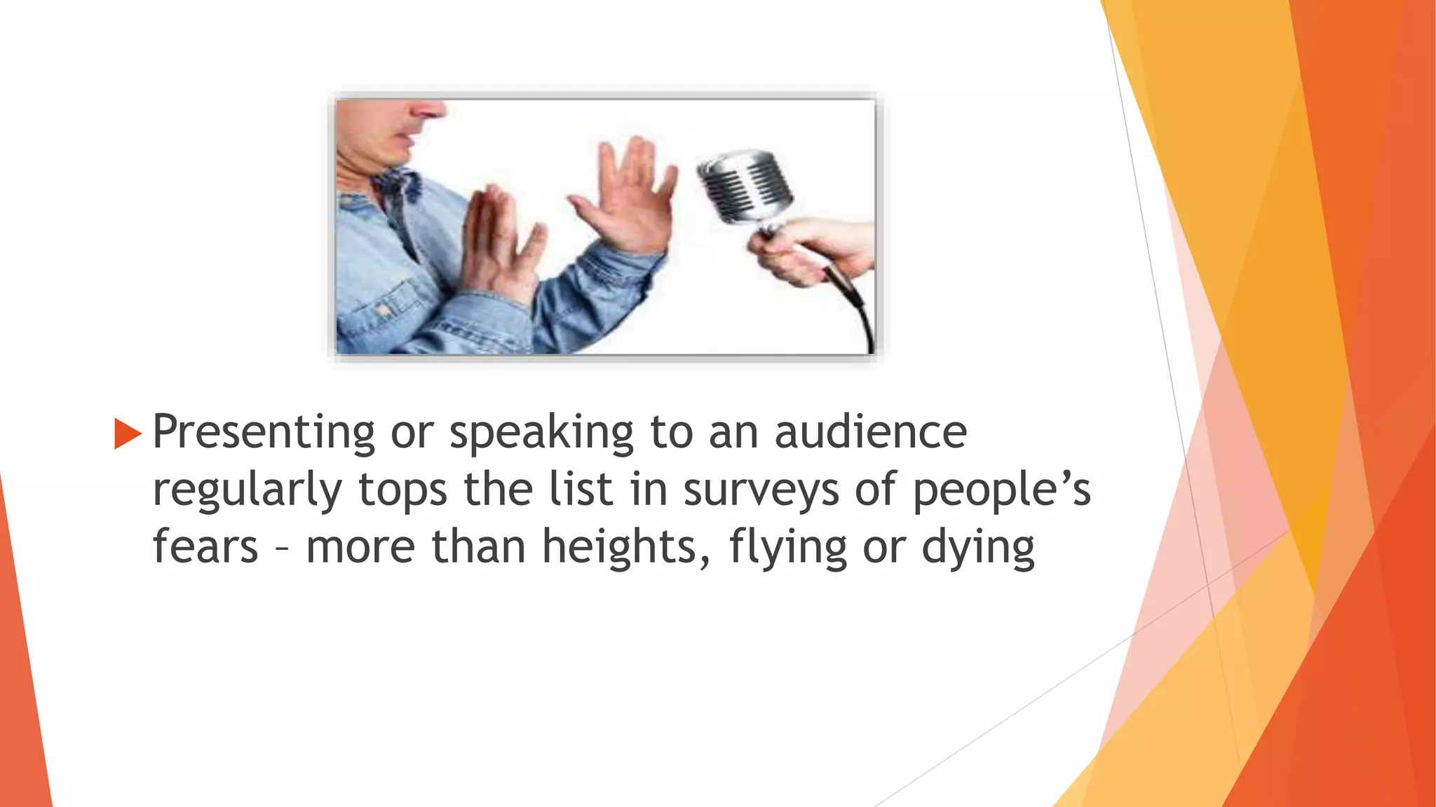  Presenting or speaking to an audience
regularly tops the list in surveys of people’s
fears – more than heights, flying or dying
 
