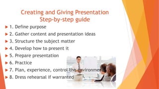 Creating and Giving Presentation
Step-by-step guide
 1. Define purpose
 2. Gather content and presentation ideas
 3. Structure the subject matter
 4. Develop how to present it
 5. Prepare presentation
 6. Practice
 7. Plan, experience, control the environment
 8. Dress rehearsal if warranted
 