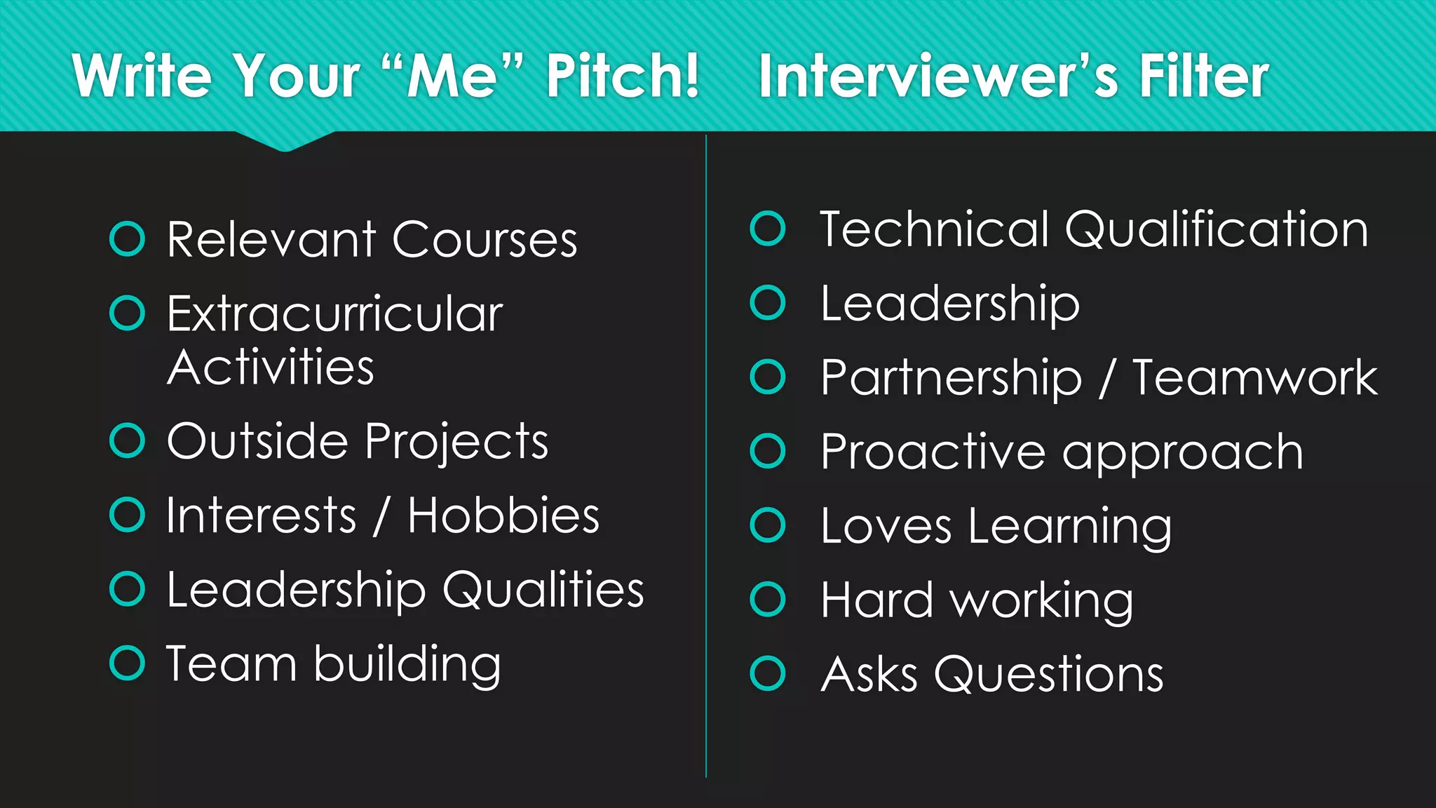 Write Your “Me” Pitch!
 Relevant Courses
 Extracurricular
Activities
 Outside Projects
 Interests / Hobbies
 Leadership Qualities
 Team building
Interviewer’s Filter
 Technical Qualification
 Leadership
 Partnership / Teamwork
 Proactive approach
 Loves Learning
 Hard working
 Asks Questions
 