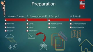 7
Preparation
1. Have a Theme
Relevant
Relatable
Elegant
2. Know your stuff
Clear
Useful
Informative
3. Script it
Well Structured
Rewrite
4. Tailor it
Audience-minded
Comprehensive
 
