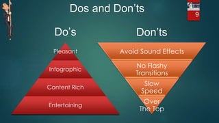 9
Dos and Don’ts
Pleasant
Infographic
Content Rich
Entertaining
Avoid Sound Effects
No Flashy
Transitions
Slow
Speed
Over
The Top
Do’s Don’ts
 