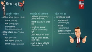 Recap
प्रस्तुतत कौशल
• मौखखक कौशल (Verbal Skills)
• आिाज़ (voice)
• िाषा (language)
• सन्देश/सामग्री
(message/content)
• मौहद्रक कौशल (Non Verbal
Skills)
• मुद्रा (posture)
• िाि िंगगमा (gesture)
• प्रकटता (appearance)
प्रस्तुतत की तय्यारी स्टेि का डर
• आत्मविश्िास बढायें
• ज्ञान/िानकारी
(knowledge)
• अनुिि
(experience)
• बौद्गधक उपजस्ितत
(presence of mind)
11
• अनुसंधान (research)-
अपना ज्ञान बढायें.
• सामग्री (content) तैयार
करें.
• प्रस्तुतत का माध्यम
(mode of delivery)
चुनें
• अपने श्रोताओं को समझें
• बार बार प्रयास कीजिये,
करते रहहये.
• दूसरों से हेमशा प्रततपुजष्ट
(feedback) लें
 