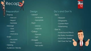Recap
Preparation
• Theme
• Relevant
• Elegant
• Relatable
• Message
• Clear
• Useful
• Informative
• Script
• Structured
• Rewrite
• Tailoring
• Audience- friendly
Design Do’s and Don’ts
• Do’s
• Pleasant
• Infographic
• Content Rich
• Entertaining
• Don’ts
• Avoid Sound Effects
• No Flashy Transitions
• Avoid Slow Speed
• Not Over the Top
12
• Layout
• Landscape
• Appropriate
• Font
• Minimal
• Large size
• Colour
• Thematic
• Light
• Images
• Maximum
• High quality
 