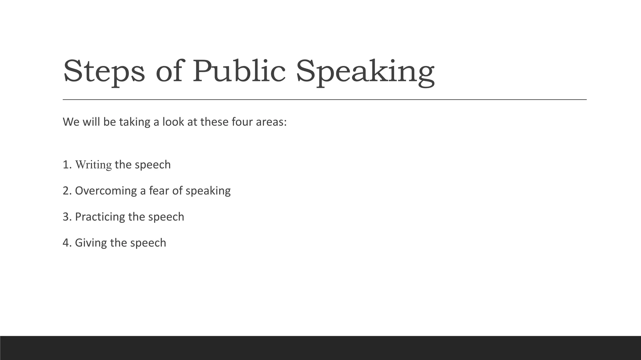 Steps of Public Speaking
We will be taking a look at these four areas:
1. Writing the speech
2. Overcoming a fear of speaking
3. Practicing the speech
4. Giving the speech
 