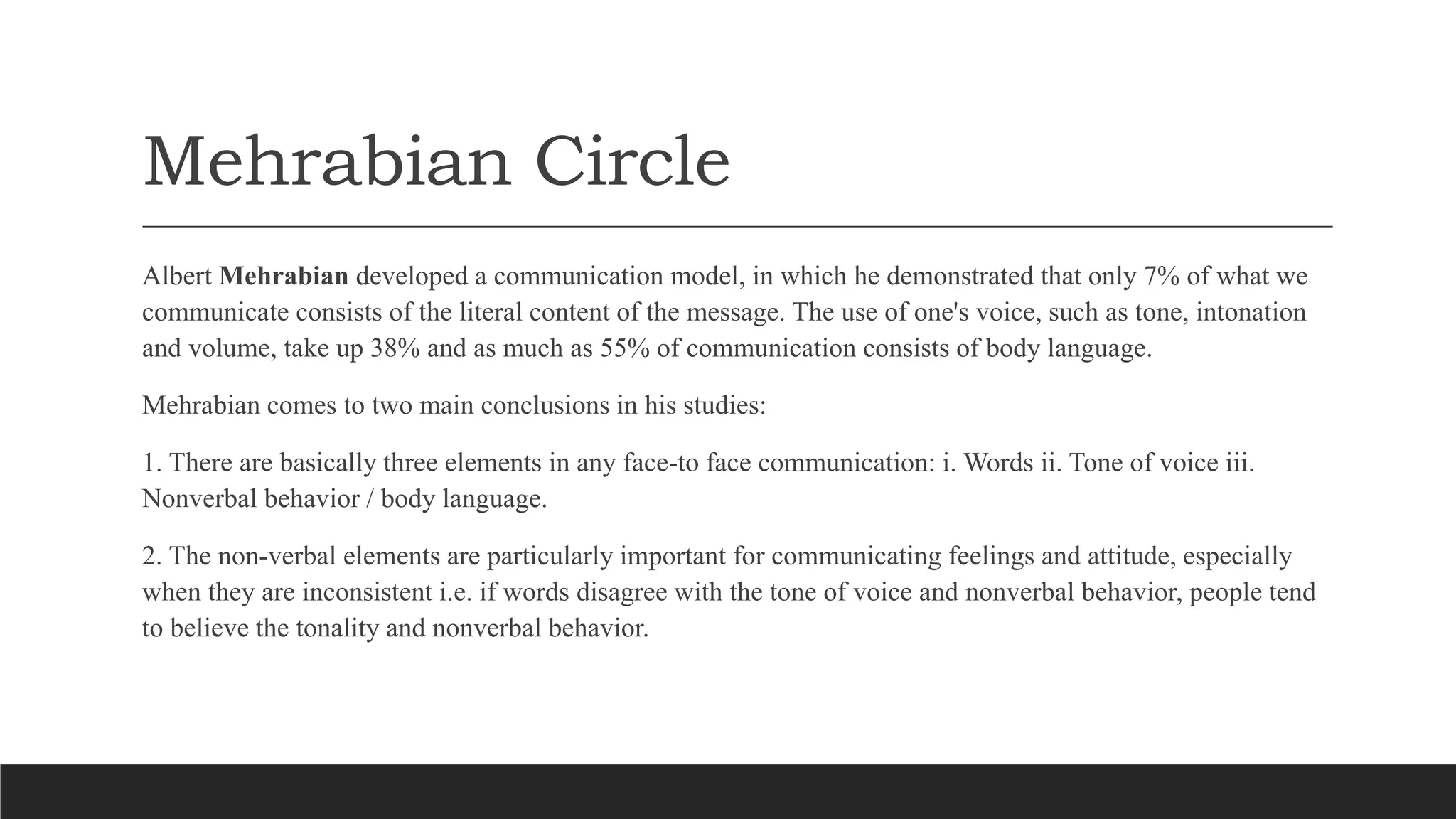 Mehrabian Circle
Albert Mehrabian developed a communication model, in which he demonstrated that only 7% of what we
communicate consists of the literal content of the message. The use of one's voice, such as tone, intonation
and volume, take up 38% and as much as 55% of communication consists of body language.
Mehrabian comes to two main conclusions in his studies:
1. There are basically three elements in any face-to face communication: i. Words ii. Tone of voice iii.
Nonverbal behavior / body language.
2. The non-verbal elements are particularly important for communicating feelings and attitude, especially
when they are inconsistent i.e. if words disagree with the tone of voice and nonverbal behavior, people tend
to believe the tonality and nonverbal behavior.
 
