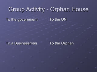 Group Activity - Orphan HouseGroup Activity - Orphan House
To the governmentTo the government To the UNTo the UN
To a Busi...