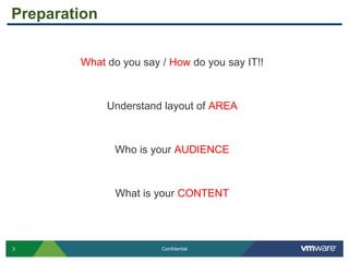 3 Confidential
Preparation
What do you say / How do you say IT!!
Understand layout of AREA
Who is your AUDIENCE
What is your CONTENT
 