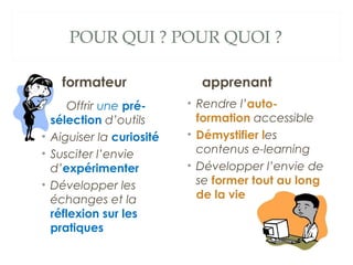 POUR QUI ? POUR QUOI ?
formateur
Offrir une présélection d’outils
• Aiguiser la curiosité
• Susciter l’envie
d’expérimente...