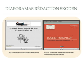 DIAPORAMAS RÉDACTION SKODEN

http://fr.slideshare.net/skoden/veille-active

http://fr.slideshare.net/skoden/rechercherdes-...