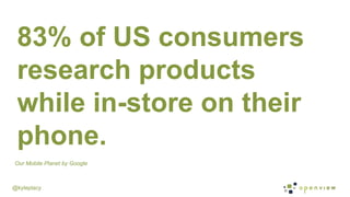 @kyleplacy
83% of US consumers
research products
while in-store on their
phone.
Our Mobile Planet by Google
 