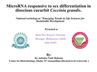 MicroRNA responsive to sex differentiation in
dioecious cucurbit Coccinia grandis.
By:
Dr. Jatindra Nath Mohanty
Center for Biotechnology, Siksha ‘O’Anusandhan (Deemed to be University )
National workshop on "Emerging Trends in Life Sciences for
Sustainable Development
Rama Devi Women's University,
Bhoinagar, Bhubaneswar, Odisha
India.751022.
Presented at
 