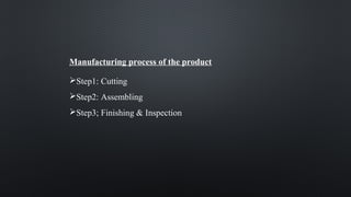 Manufacturing process of the product
Step1: Cutting
Step2: Assembling
Step3; Finishing & Inspection
 
