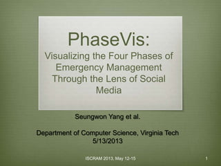 ISCRAM 2013, May 12-15 1
PhaseVis:
Visualizing the Four Phases of
Emergency Management
Through the Lens of Social
Media
Seungwon Yang et al.
Department of Computer Science, Virginia Tech
5/13/2013
 
