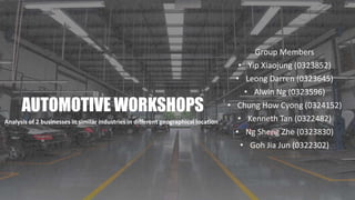 AUTOMOTIVE WORKSHOPS
Group Members
• Yip Xiaojung (0323852)
• Leong Darren (0323645)
• Alwin Ng (0323596)
• Chung How Cyong (0324152)
• Kenneth Tan (0322482)
• Ng Sheng Zhe (0323830)
• Goh Jia Jun (0322302)
Analysis of 2 businesses in similar industries in different geographical location
 