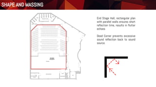 Acoustic Analysis
Shape and Massing
End Stage Hall, rectangular plan
with parallel walls ensures short
reflection time, results in flutter
echoes
Dead Corner prevents excessive
sound reflection back to sound
source.
SHAPE AND MASSING
 