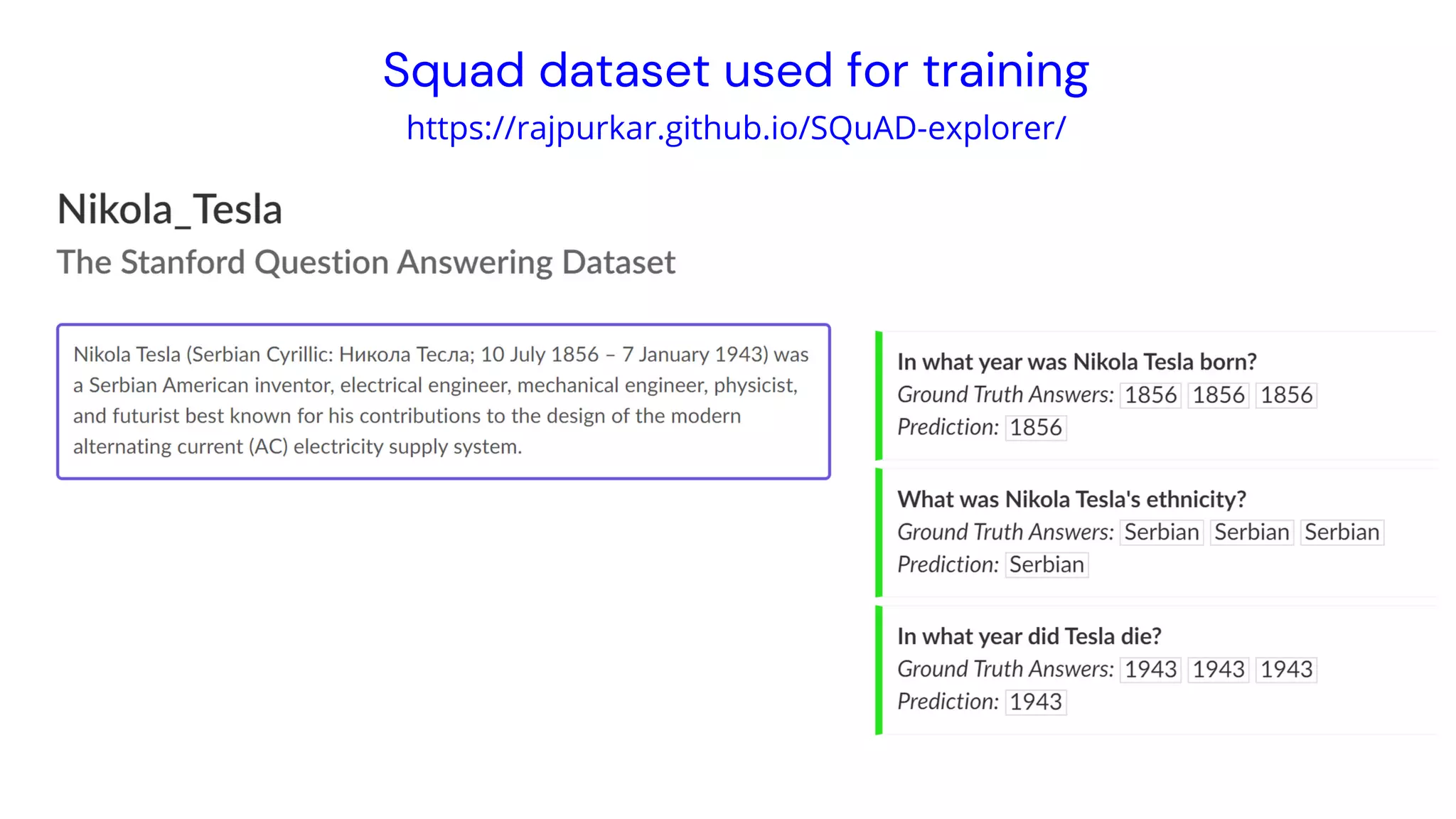 https://rajpurkar.github.io/SQuAD-explorer/
Squad dataset used for training
 