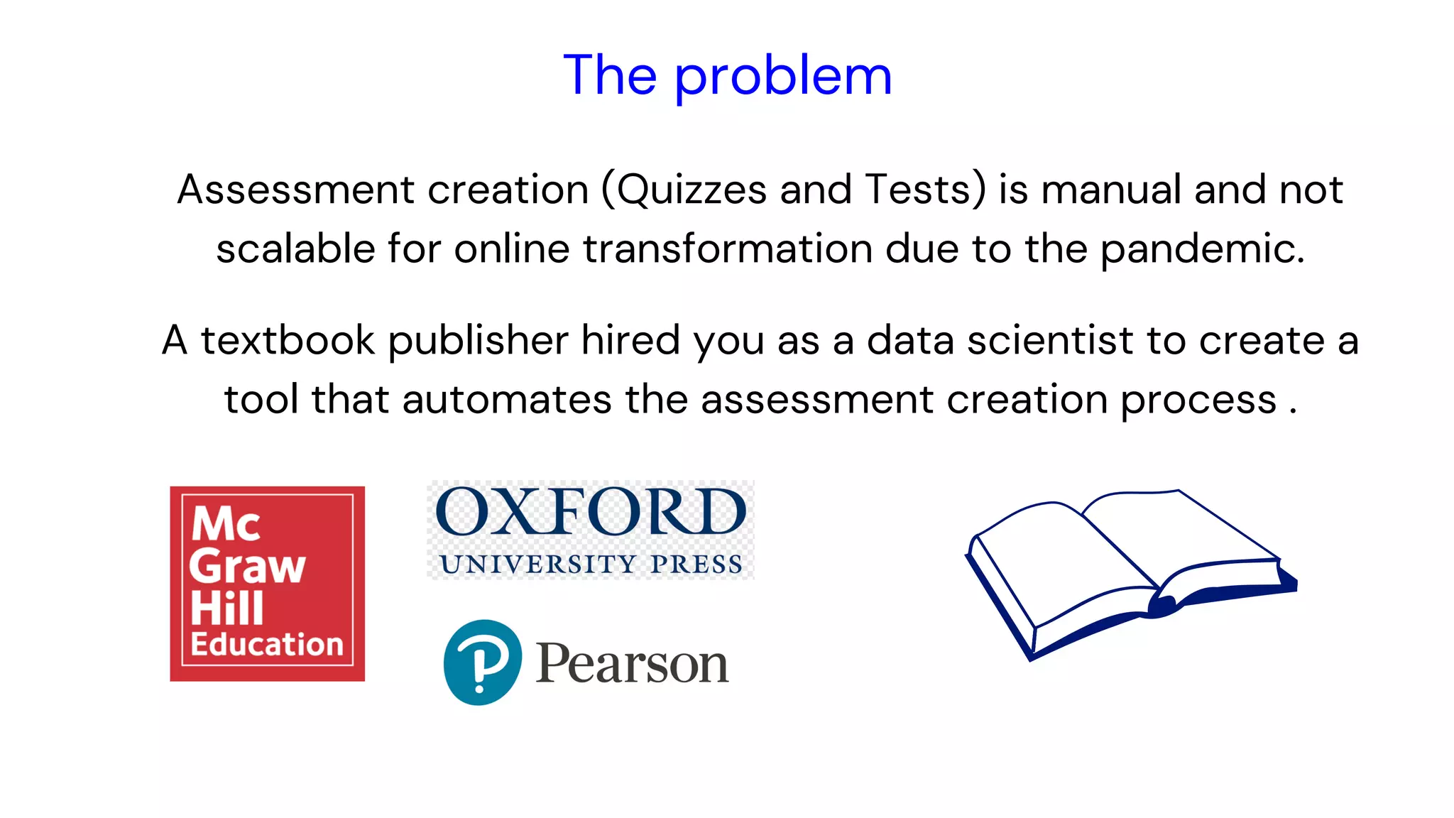 Instrutor
Assessment creation (Quizzes and Tests) is manual and not
scalable for online transformation due to the pandemic.
The problem
A textbook publisher hired you as a data scientist to create a
tool that automates the assessment creation process .
 