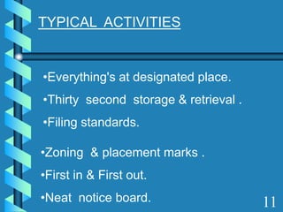 •Everything's at designated place.
•Thirty second storage & retrieval .
•Filing standards.
TYPICAL ACTIVITIES
11
•Zoning & placement marks .
•First in & First out.
•Neat notice board.
 