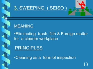 3. SWEEPING ( SEISO )
MEANING
•Eliminating trash, filth & Foreign matter
for a cleaner workplace
PRINCIPLES
•Cleaning as a form of inspection
13
 