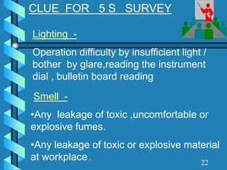 22
CLUE FOR 5 S SURVEY
Lighting -
Operation difficulty by insufficient light /
bother by glare,reading the instrument
dial , bulletin board reading
Smell -
•Any leakage of toxic ,uncomfortable or
explosive fumes.
•Any leakage of toxic or explosive material
at workplace .
 