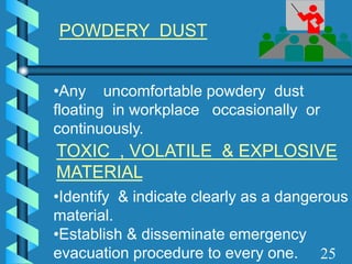 POWDERY DUST
•Any uncomfortable powdery dust
floating in workplace occasionally or
continuously.
TOXIC , VOLATILE & EXPLOSIVE
MATERIAL
•Identify & indicate clearly as a dangerous
material.
•Establish & disseminate emergency
evacuation procedure to every one. 25
 