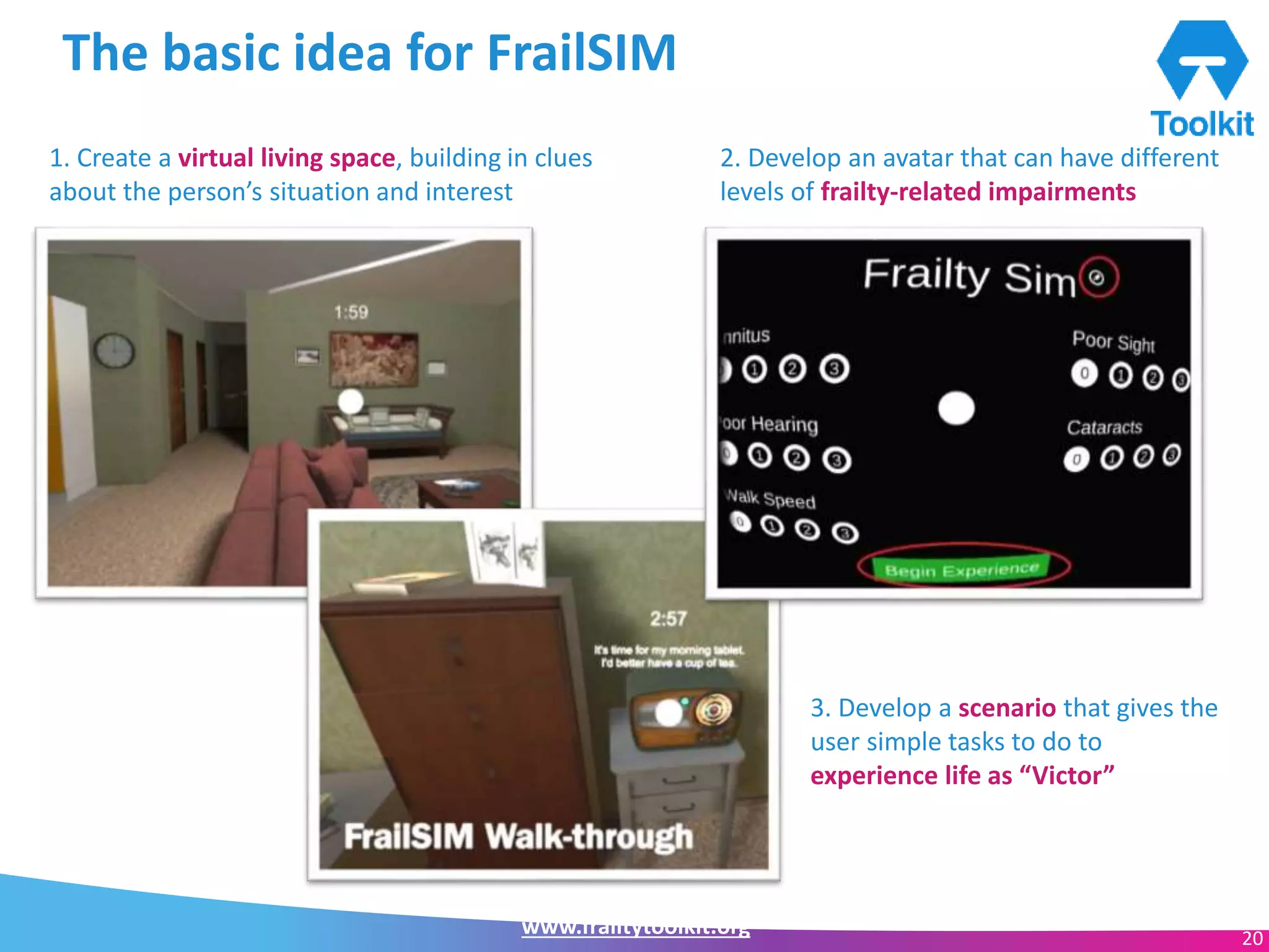 www.frailtytoolkit.org 20
The basic idea for FrailSIM
1. Create a virtual living space, building in clues
about the person’s situation and interest
3. Develop a scenario that gives the
user simple tasks to do to
experience life as “Victor”
2. Develop an avatar that can have different
levels of frailty-related impairments
 