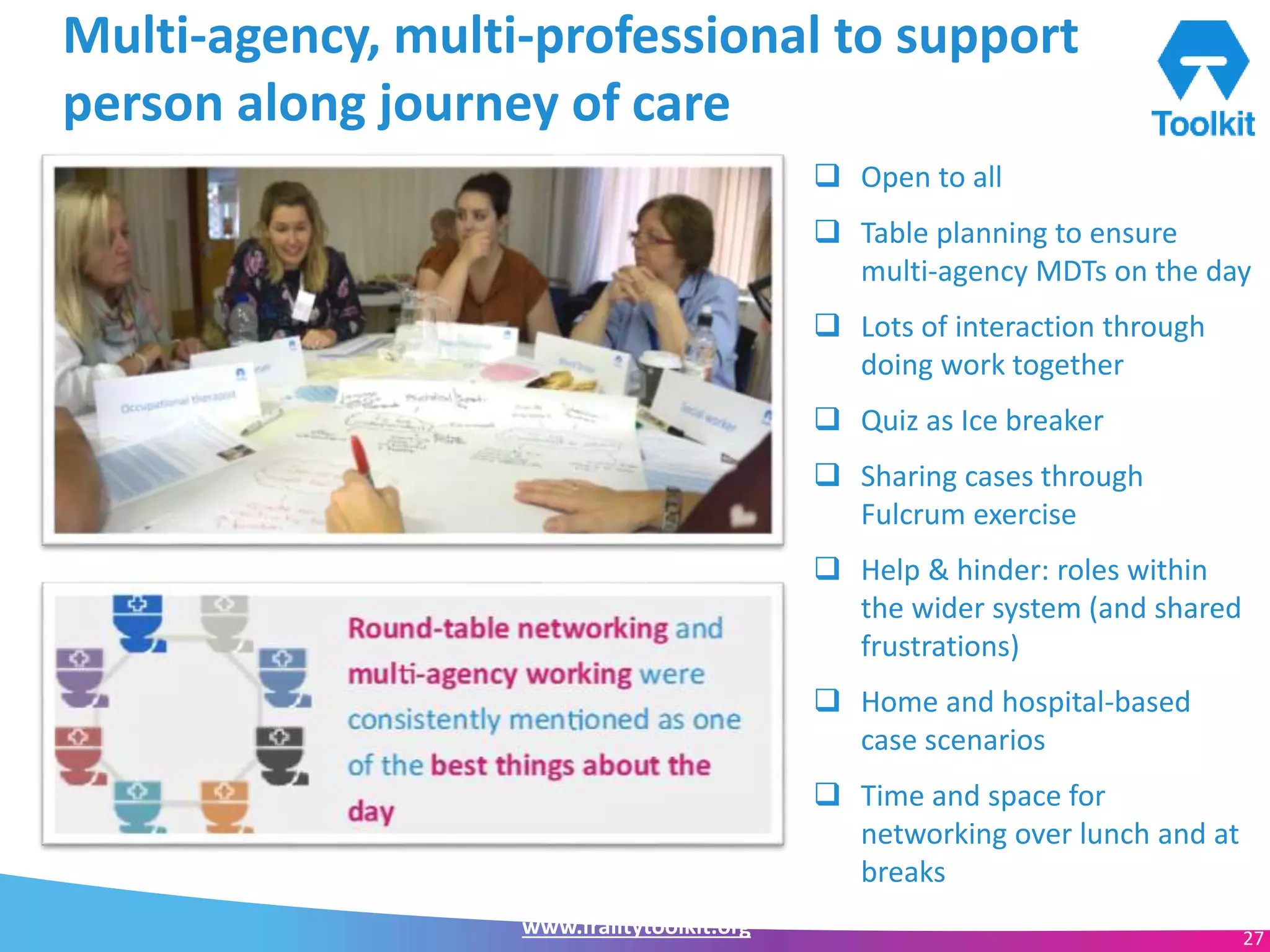 www.frailtytoolkit.org 27
Multi-agency, multi-professional to support
person along journey of care
 Open to all
 Table planning to ensure
multi-agency MDTs on the day
 Lots of interaction through
doing work together
 Quiz as Ice breaker
 Sharing cases through
Fulcrum exercise
 Help & hinder: roles within
the wider system (and shared
frustrations)
 Home and hospital-based
case scenarios
 Time and space for
networking over lunch and at
breaks
 