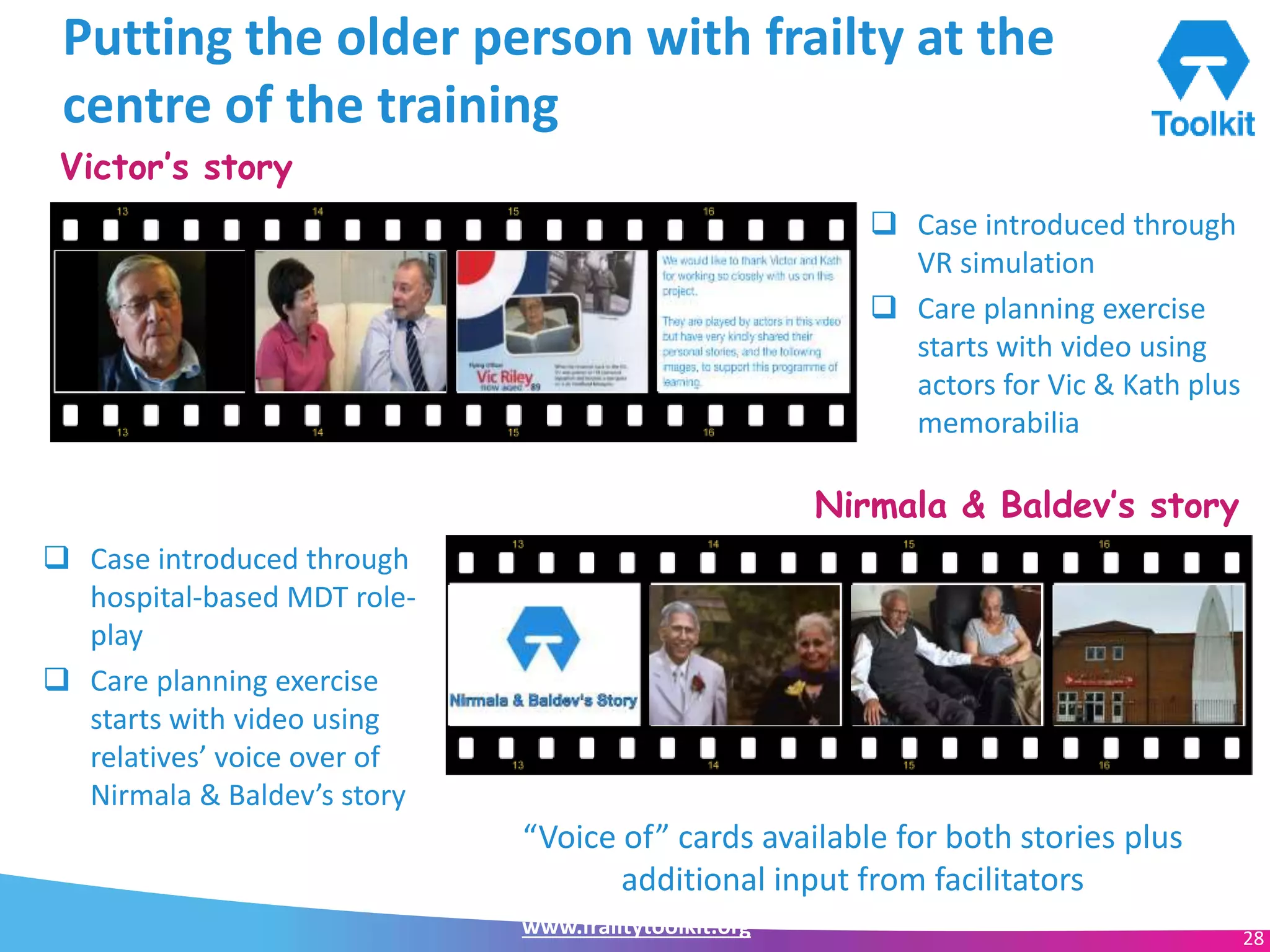 www.frailtytoolkit.org 28
Putting the older person with frailty at the
centre of the training
 Case introduced through
VR simulation
 Care planning exercise
starts with video using
actors for Vic & Kath plus
memorabilia
Victor’s story
“Voice of” cards available for both stories plus
additional input from facilitators
 Case introduced through
hospital-based MDT role-
play
 Care planning exercise
starts with video using
relatives’ voice over of
Nirmala & Baldev’s story
Nirmala & Baldev’s story
 