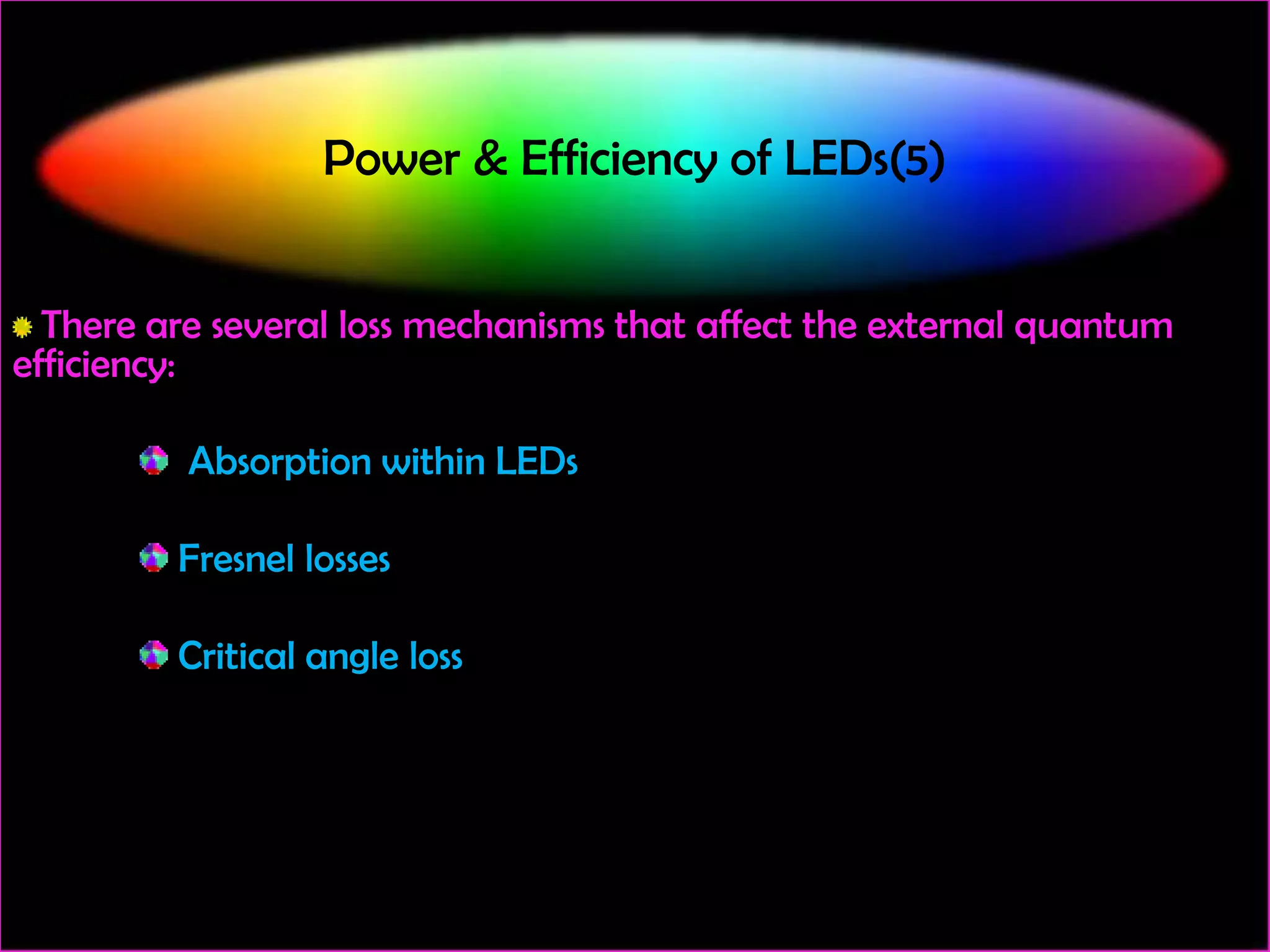 Power & Efficiency of LEDs(5)
There are several loss mechanisms that affect the external quantum
efficiency:
Absorption within LEDs

Fresnel losses
Critical angle loss

 