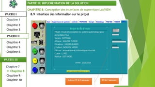 CHAPITRE 8: Conception des interfaces de supervision LabVIEW
8.9 Interface des information sur le projetPARTIE I
PARTIE II
PARTIE III: IMPLEMENTATION DE LA SOLUTION
Chapitre 1
Chapitre 2
Chapitre 3
Chapitre 5
Chapitre 6
Chapitre 7
Chapitre 9
Chapitre 10
 Chapitre 8
PARTIE III
Chapitre 4
 