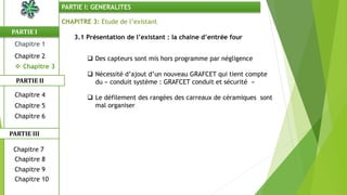 CHAPITRE 3: Etude de l’existant
3.1 Présentation de l’existant : la chaine d’entrée four
 Des capteurs sont mis hors programme par négligence
 Nécessité d’ajout d’un nouveau GRAFCET qui tient compte
du « conduit système : GRAFCET conduit et sécurité »
 Le défilement des rangées des carreaux de céramiques sont
mal organiser
PARTIE I
PARTIE II
PARTIE I: GENERALITES
Chapitre 1
Chapitre 2
 Chapitre 3
Chapitre 5
Chapitre 6
Chapitre 7
Chapitre 9
Chapitre 10
Chapitre 8
PARTIE III
Chapitre 4
 