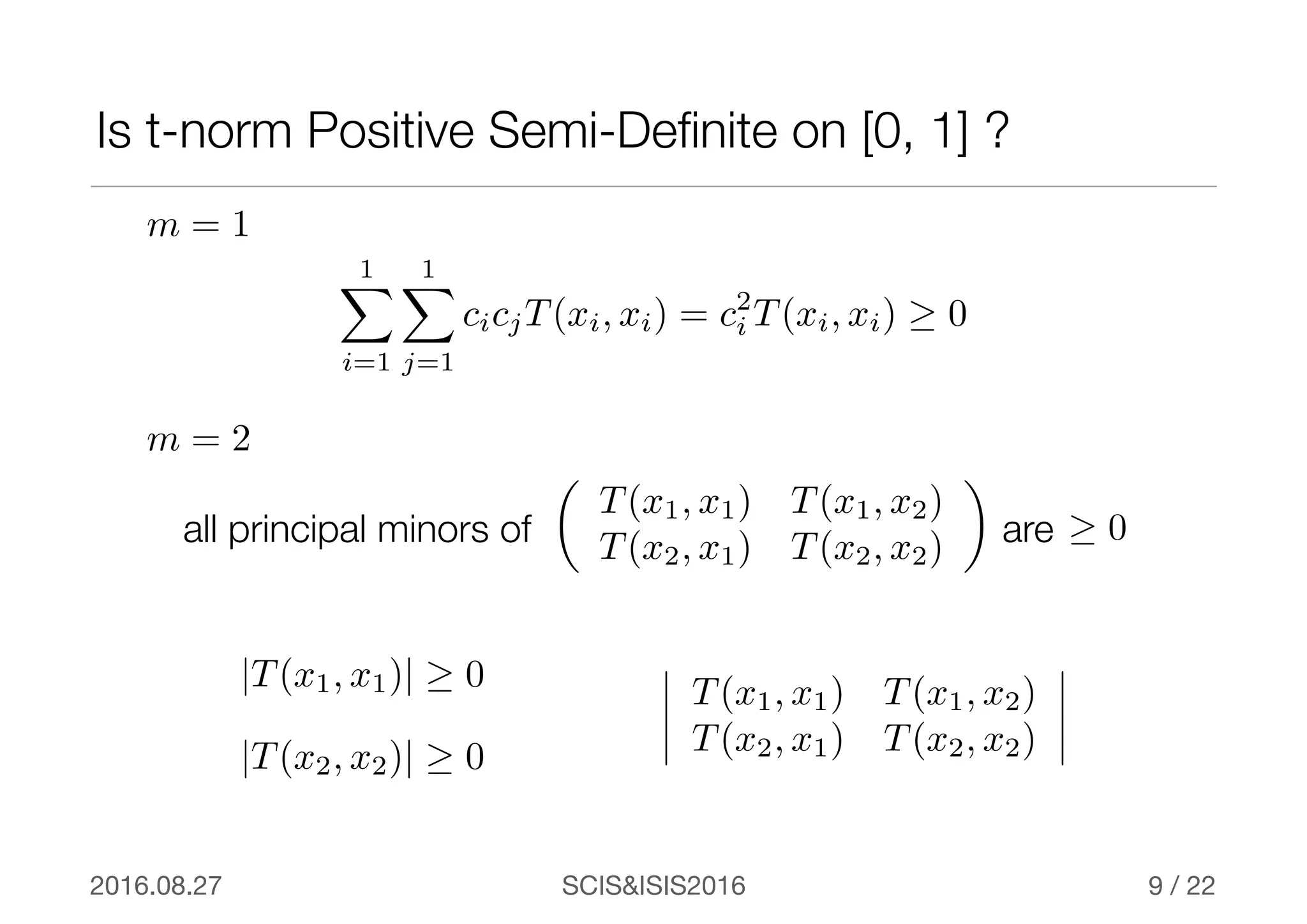 SCIS&ISIS20162016.08.27 / 22
Is t-norm Positive Semi-Deﬁnite on [0, 1] ?
9
m = 2
✓
T(x1, x1) T(x1, x2)
T(x2, x1) T(x2, x2)
◆
|T(x1, x1)| ≥ 0
|T(x2, x2)| ≥ 0
T(x1, x1) T(x1, x2)
T(x2, x1) T(x2, x2)
m = 1
1X
i=1
1X
j=1
cicjT(xi, xi) = c2
i T(xi, xi) ≥ 0
all principal minors of are ≥ 0
 