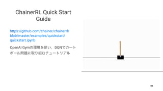 ChainerRL Quick Start
Guide
https://github.com/chainer/chainerrl/
blob/master/examples/quickstart/
quickstart.ipynb
OpenAI Gym DQN
184
 