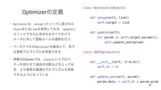 Optimizer
• Optimizer setup()
Chain Link update()
• Optimizer
• Chainer state
54
 