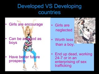 Developed VS Developing countries Girls are encourage Can be as good as boys Have better future prospects Girls are  neglected Worth less  than a boy. End up dead, working 24-7 or in an enterprising of sex trafficking 