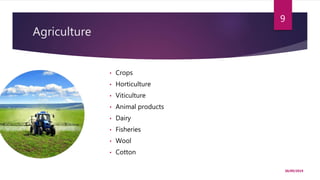 Agriculture
30/09/2019
9
• Crops
• Horticulture
• Viticulture
• Animal products
• Dairy
• Fisheries
• Wool
• Cotton
 
